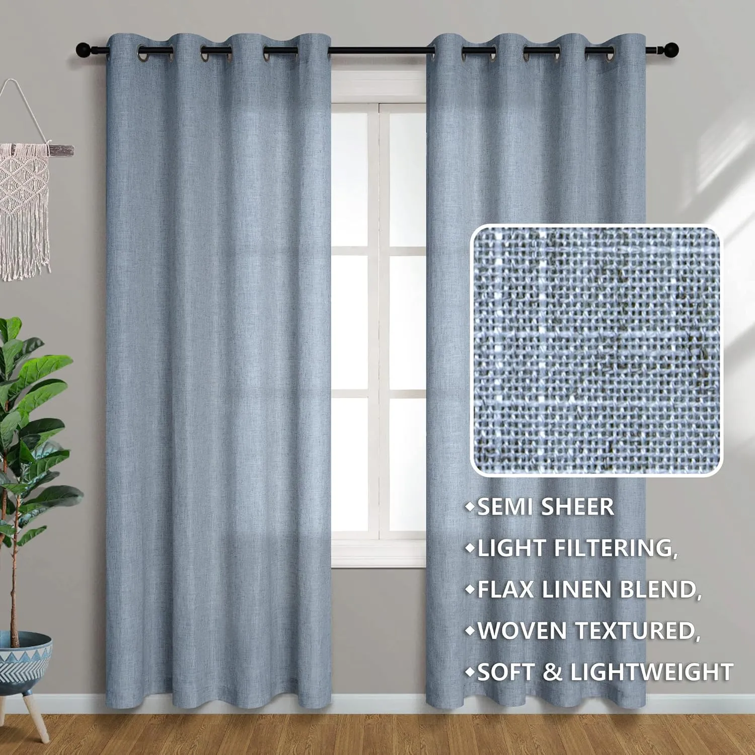 Pitalk Blue Curtains 108 Inches Long for Sliding Glass Door 2 Panels Set Grommet Linen Light Fitering Semi Sheer Curtains for Living Room Back Door Backyard 52x108 Inch Length Grey Dusty Blue