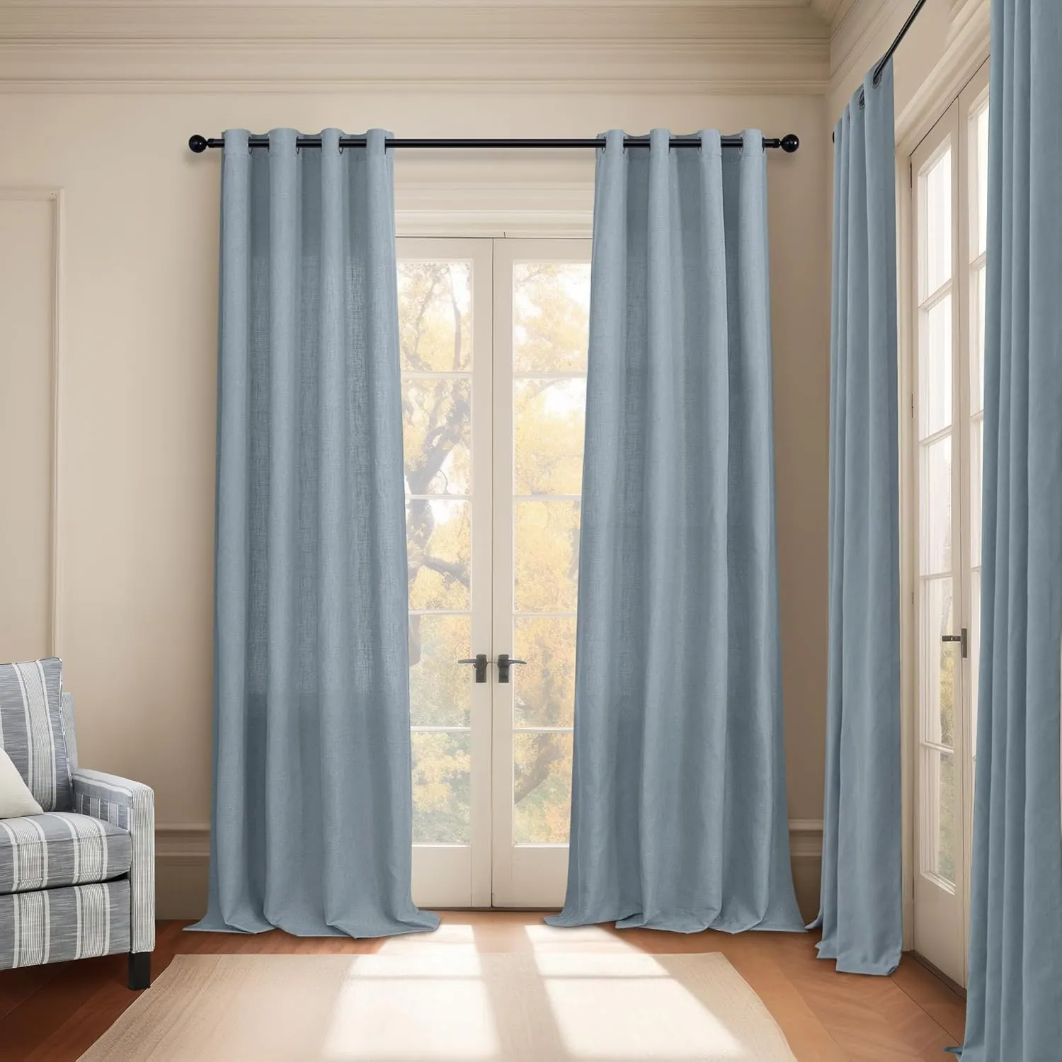 Pitalk Blue Curtains 108 Inches Long for Sliding Glass Door 2 Panels Set Grommet Linen Light Fitering Semi Sheer Curtains for Living Room Back Door Backyard 52x108 Inch Length Grey Dusty Blue