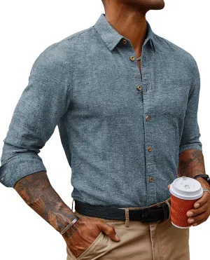 PJ PAUL JONES Men's Linen Shirts Casual Button Down Long Sleeve Shirt Lightweight Beach Shirt with Pocket