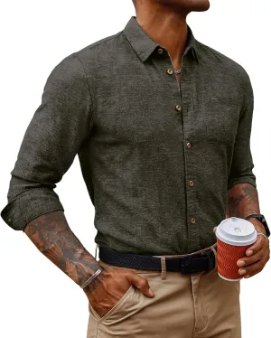 PJ PAUL JONES Men's Linen Shirts Casual Button Down Long Sleeve Shirt Lightweight Beach Shirt with Pocket