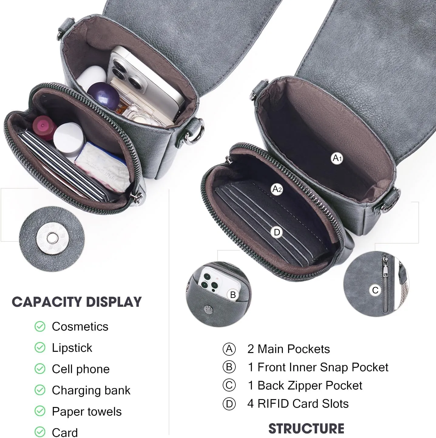 POIUGOYA Small Crossbody Bags for Women Trendy,Leather Triple Compartment Cell Phone Crossbody Wallet Purses with Card Slots