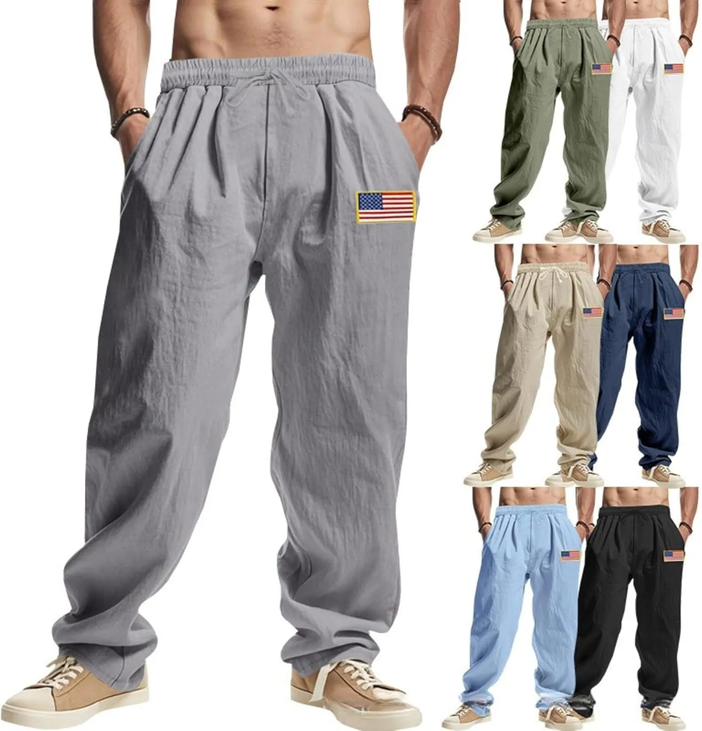 PORCLAY Mens Linen Casual Pants Elastic Waist Drawstring Hip Hop Trousers Wide Leg Yoga Beach 2025 Summer Pants