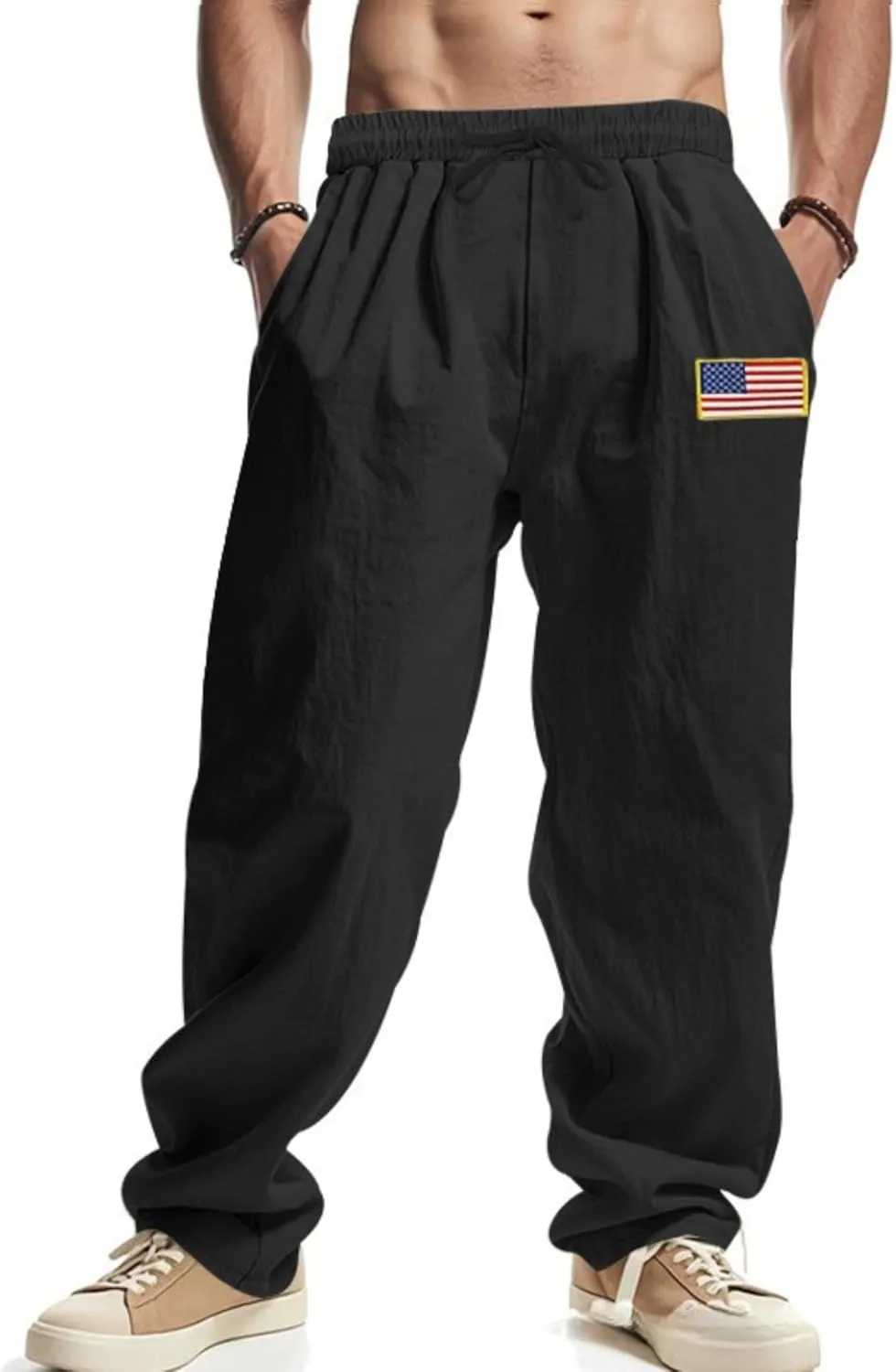 PORCLAY Mens Linen Casual Pants Elastic Waist Drawstring Hip Hop Trousers Wide Leg Yoga Beach 2025 Summer Pants