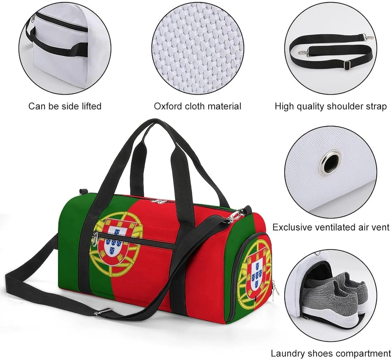 Portugal Flag Gym Duffel for Boys Girls with Waterproof Shoe Compartment Tote