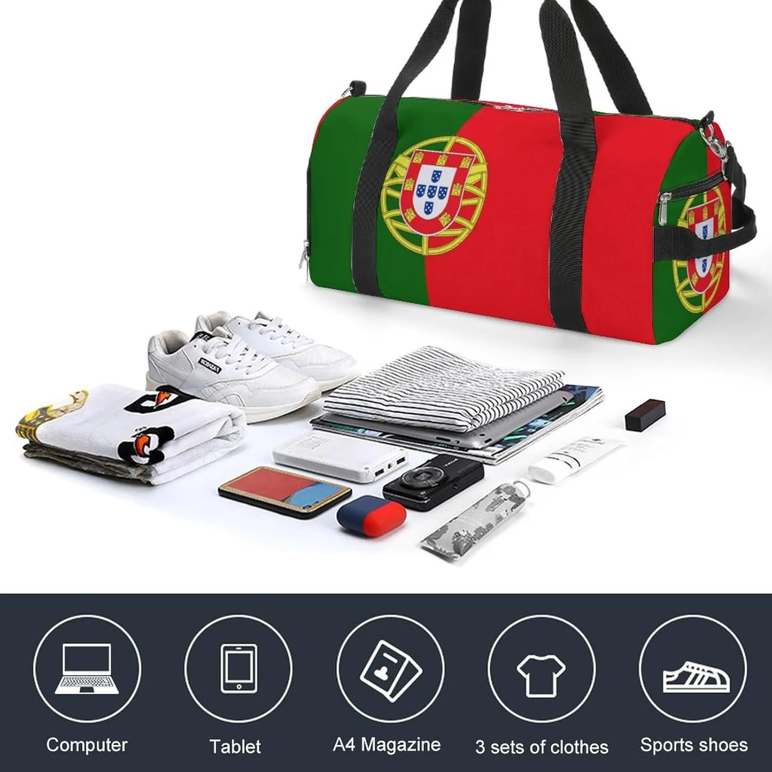 Portugal Flag Gym Duffel for Boys Girls with Waterproof Shoe Compartment Tote