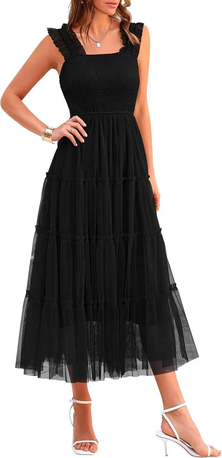 PRETTYGARDEN Women's Summer Midi Tulle Dress Sleeveless Smocked Square Neck Ruffle Flowy Party Wedding Guest Sundress
