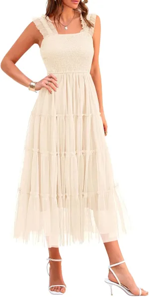 PRETTYGARDEN Women's Summer Midi Tulle Dress Sleeveless Smocked Square Neck Ruffle Flowy Party Wedding Guest Sundress