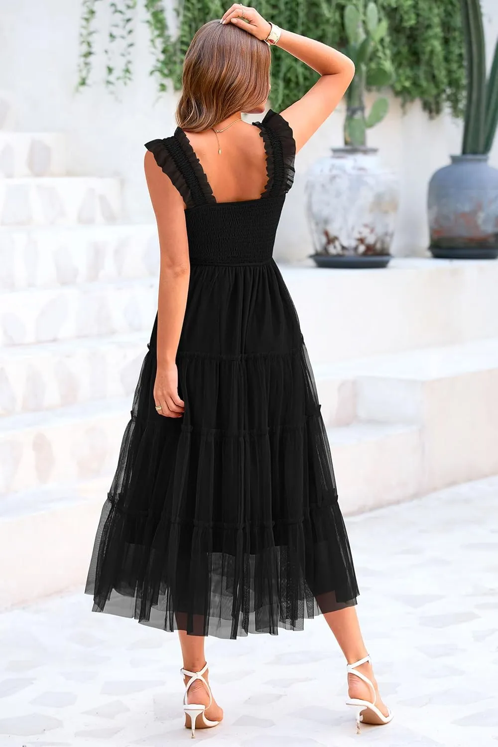 PRETTYGARDEN Women's Summer Midi Tulle Dress Sleeveless Smocked Square Neck Ruffle Flowy Party Wedding Guest Sundress