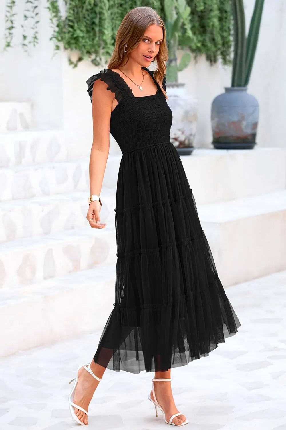 PRETTYGARDEN Women's Summer Midi Tulle Dress Sleeveless Smocked Square Neck Ruffle Flowy Party Wedding Guest Sundress