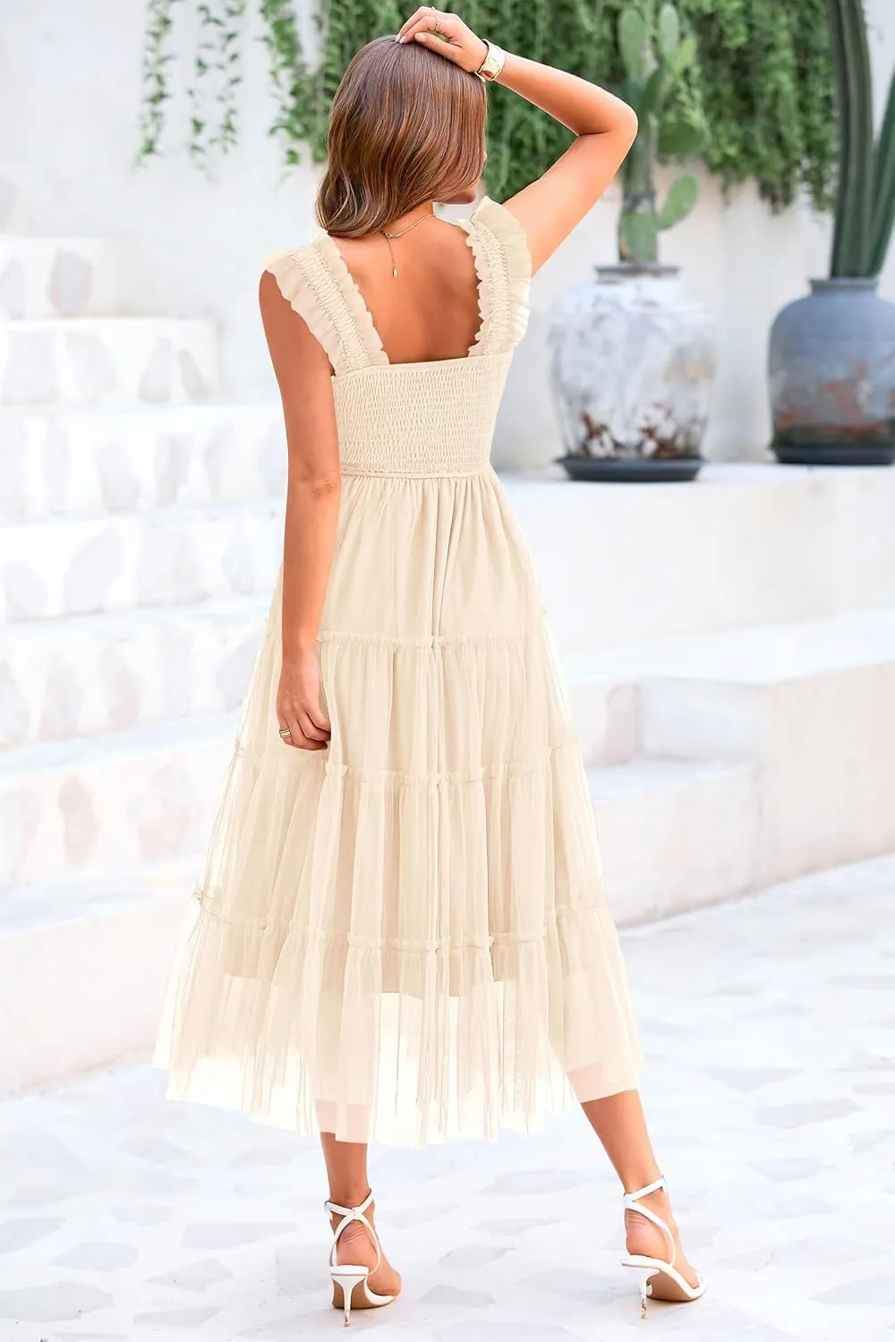 PRETTYGARDEN Women's Summer Midi Tulle Dress Sleeveless Smocked Square Neck Ruffle Flowy Party Wedding Guest Sundress