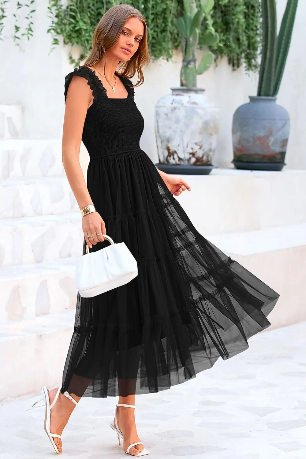 PRETTYGARDEN Women's Summer Midi Tulle Dress Sleeveless Smocked Square Neck Ruffle Flowy Party Wedding Guest Sundress
