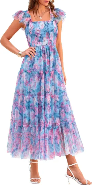 PRETTYGARDEN Women's Summer Tulle Midi Dress Sleeveless Smocked Ruffle Mesh Flowy Dresses Party Wedding Guest Sundress