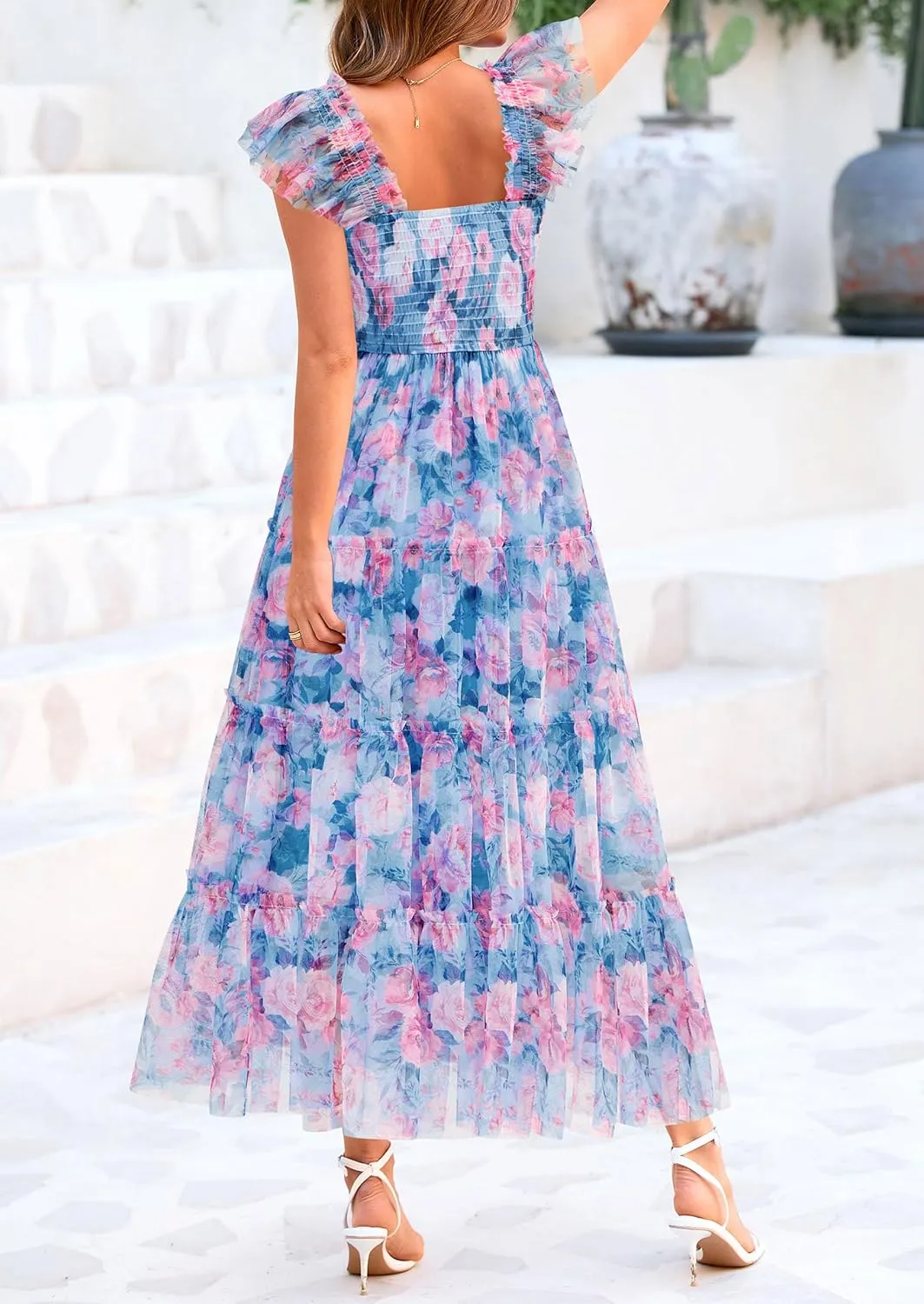 PRETTYGARDEN Women's Summer Tulle Midi Dress Sleeveless Smocked Ruffle Mesh Flowy Dresses Party Wedding Guest Sundress