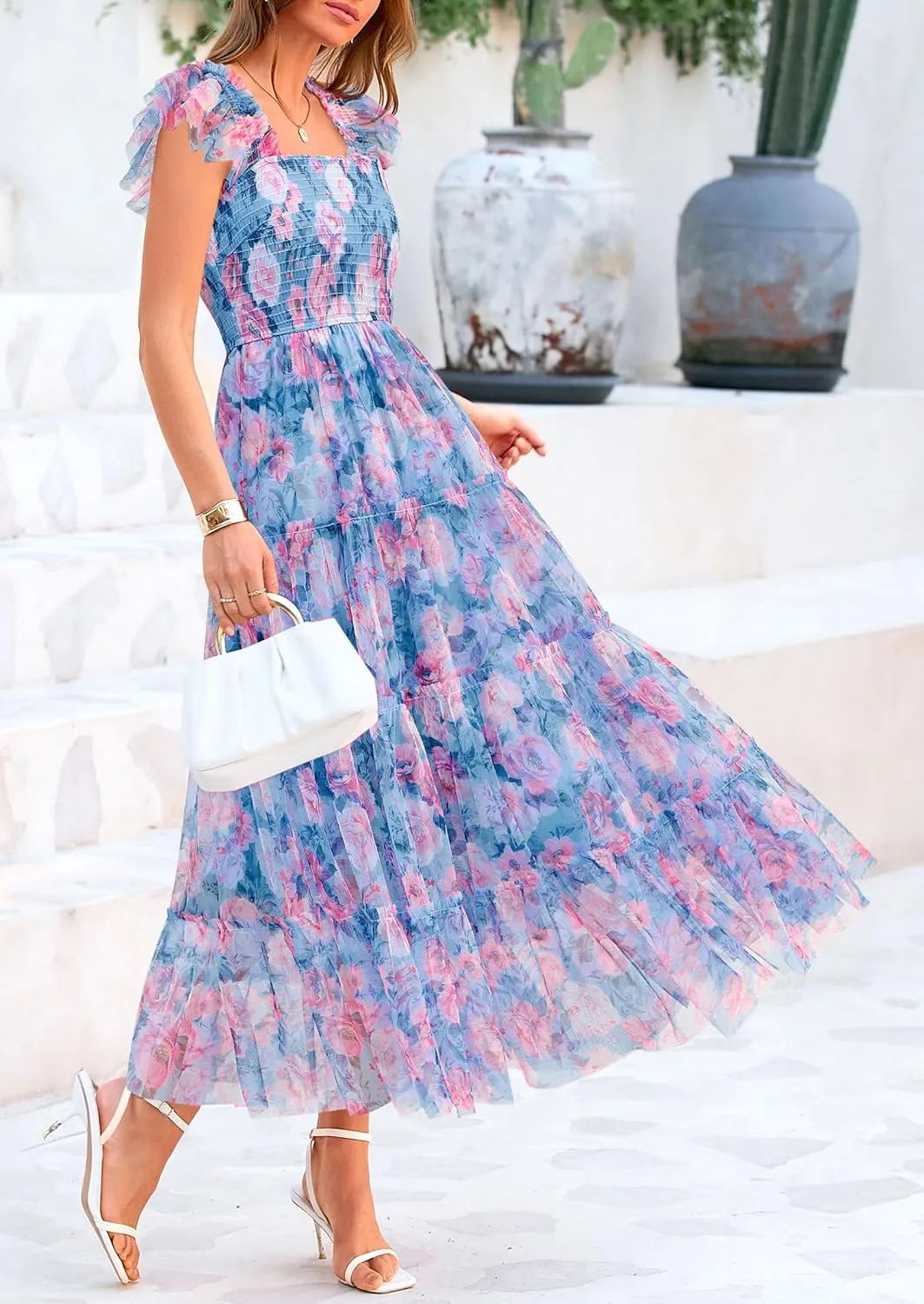PRETTYGARDEN Women's Summer Tulle Midi Dress Sleeveless Smocked Ruffle Mesh Flowy Dresses Party Wedding Guest Sundress