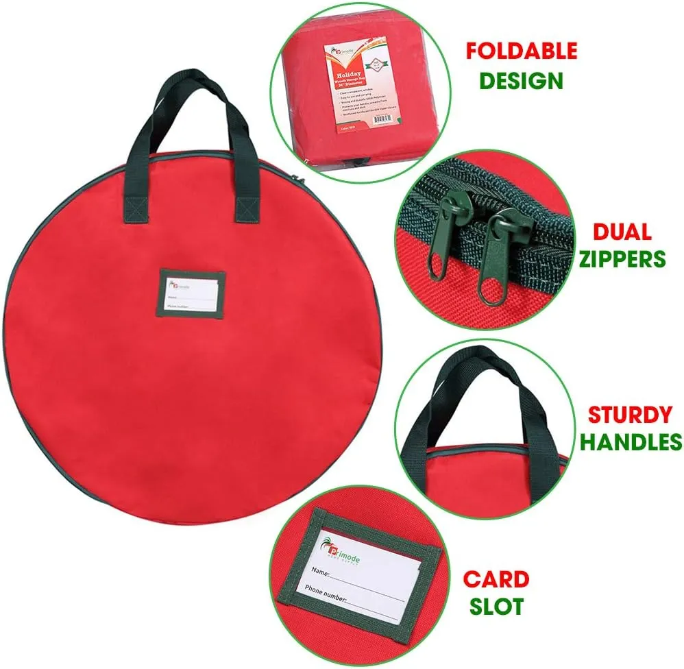 Primode Christmas Wreath Storage Bag 24" - 2 Pack Artificial Wreath Container - Garland Holiday Xmas Wreaths Holder - Sturdy Handles - Inner Straps - Card Slot Dual Zipper Strong Oxford (24 Inch, Red)