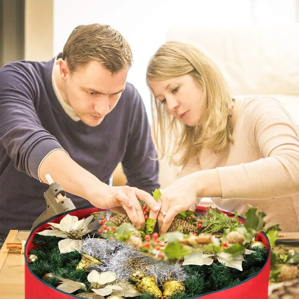 Primode Christmas Wreath Storage Bag 24" - 2 Pack Artificial Wreath Container - Garland Holiday Xmas Wreaths Holder - Sturdy Handles - Inner Straps - Card Slot Dual Zipper Strong Oxford (24 Inch, Red)