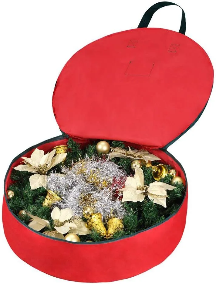 Primode Christmas Wreath Storage Bag 24" - 2 Pack Artificial Wreath Container - Garland Holiday Xmas Wreaths Holder - Sturdy Handles - Inner Straps - Card Slot Dual Zipper Strong Oxford (24 Inch, Red)