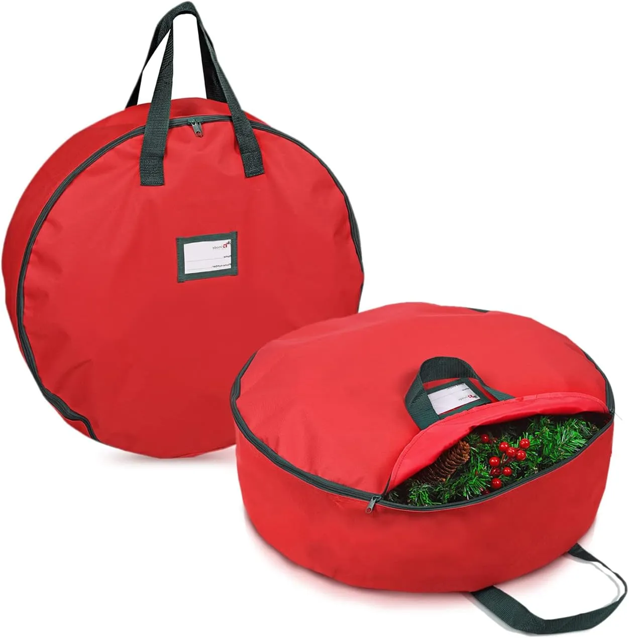 Primode Christmas Wreath Storage Bag 24" - 2 Pack Artificial Wreath Container - Garland Holiday Xmas Wreaths Holder - Sturdy Handles - Inner Straps - Card Slot Dual Zipper Strong Oxford (24 Inch, Red)