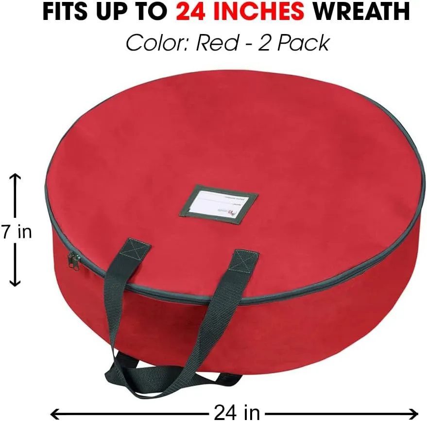 Primode Christmas Wreath Storage Bag 24" - 2 Pack Artificial Wreath Container - Garland Holiday Xmas Wreaths Holder - Sturdy Handles - Inner Straps - Card Slot Dual Zipper Strong Oxford (24 Inch, Red)