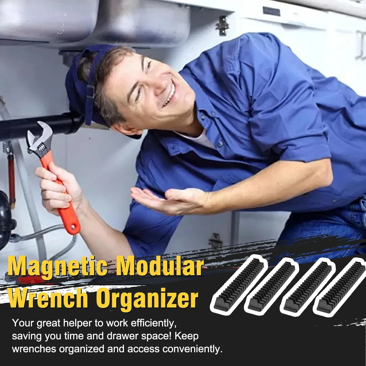 PRO & DIY -40 Strong Magnetic (upgraded) Wrench Organizer for Tool Drawer Storage Professional Grade Modular Wrench Organizer Fits Small & Large Size -Black