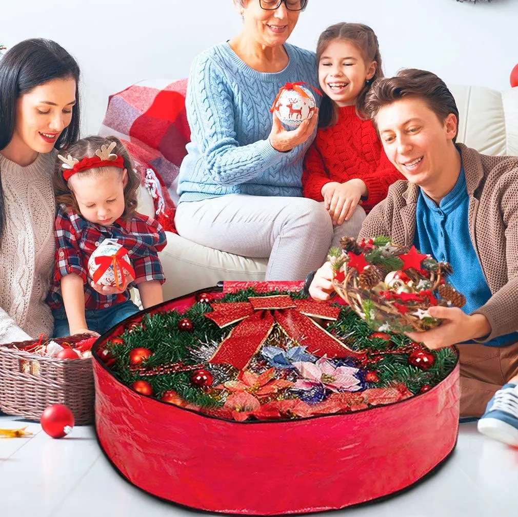 ProPik Christmas Wreath Storage Bag 36" - Garland Holiday Container with Tear Resistant Material - Featuring Heavy Duty Handles and Transparent Card Slot - 36” X 8” (Red)