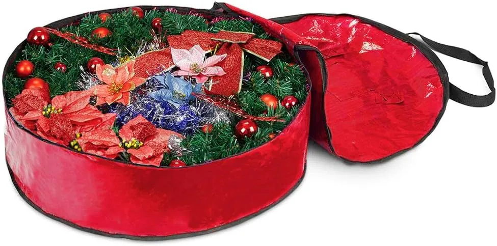 ProPik Christmas Wreath Storage Bag 36" - Garland Holiday Container with Tear Resistant Material - Featuring Heavy Duty Handles and Transparent Card Slot - 36” X 8” (Red)