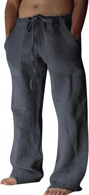 Puimentiua Cotton Linen Pants Men Casual Loose Fit Elastic Drawstring Waist Summer Beach Pants