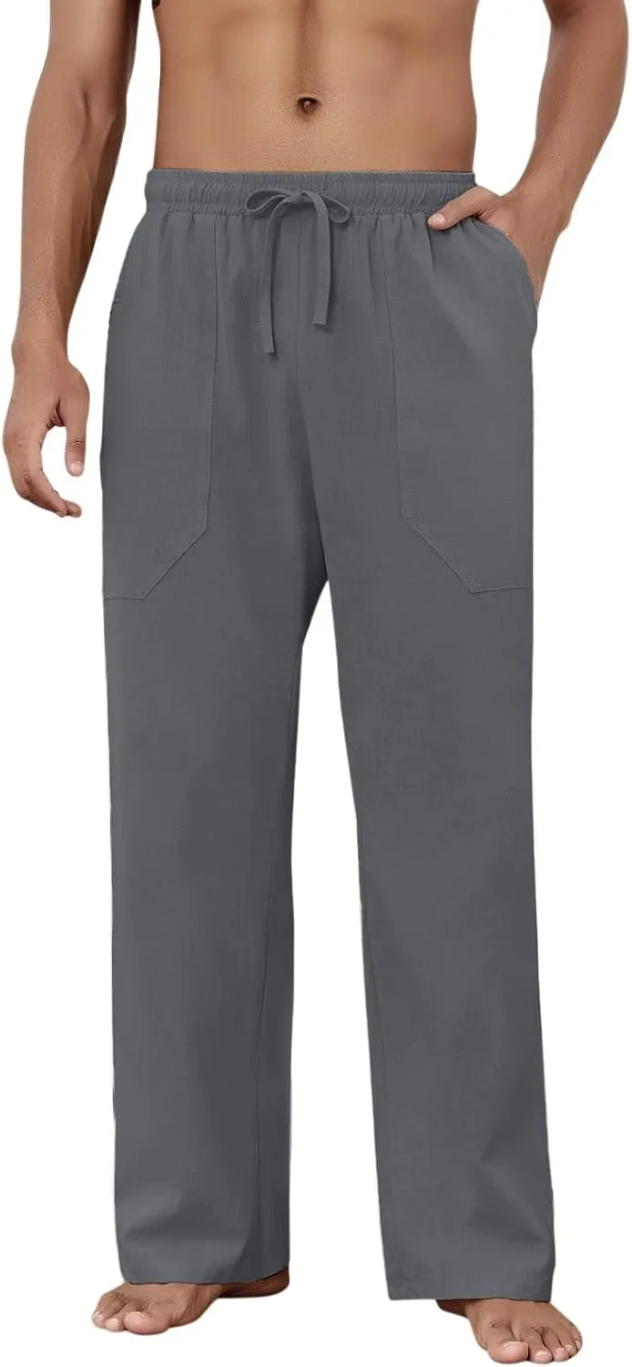 Puimentiua Cotton Linen Pants Men Casual Loose Fit Elastic Drawstring Waist Summer Beach Pants