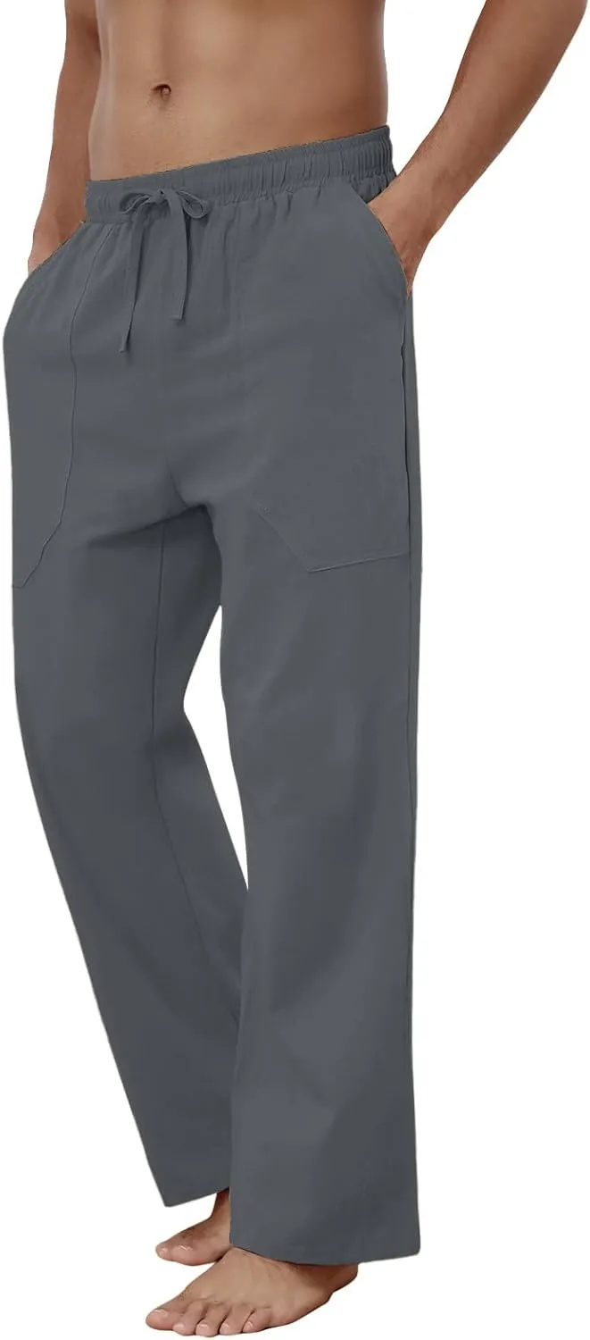 Puimentiua Cotton Linen Pants Men Casual Loose Fit Elastic Drawstring Waist Summer Beach Pants