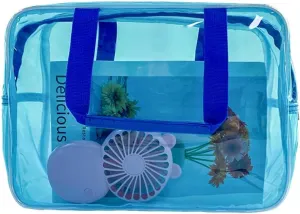PVC Blue Pure Color Transparent Gift Pouch Wash Travel Makeup Cosmetic Bag with Handle for Travel Bathroom Toiletry Organizer (Dark Blue Handle)