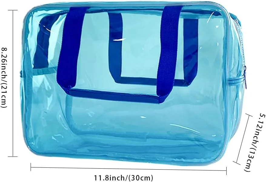 PVC Blue Pure Color Transparent Gift Pouch Wash Travel Makeup Cosmetic Bag with Handle for Travel Bathroom Toiletry Organizer (Dark Blue Handle)