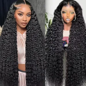 QinMei 13x6 Deep Wave Lace Front Wigs Human Hair HD Transparent Lace Front Wigs Human Hair Glueless Deep Curly Lace Frontal Wigs Human Hair Pre Plucked for Black Women 18 Inch