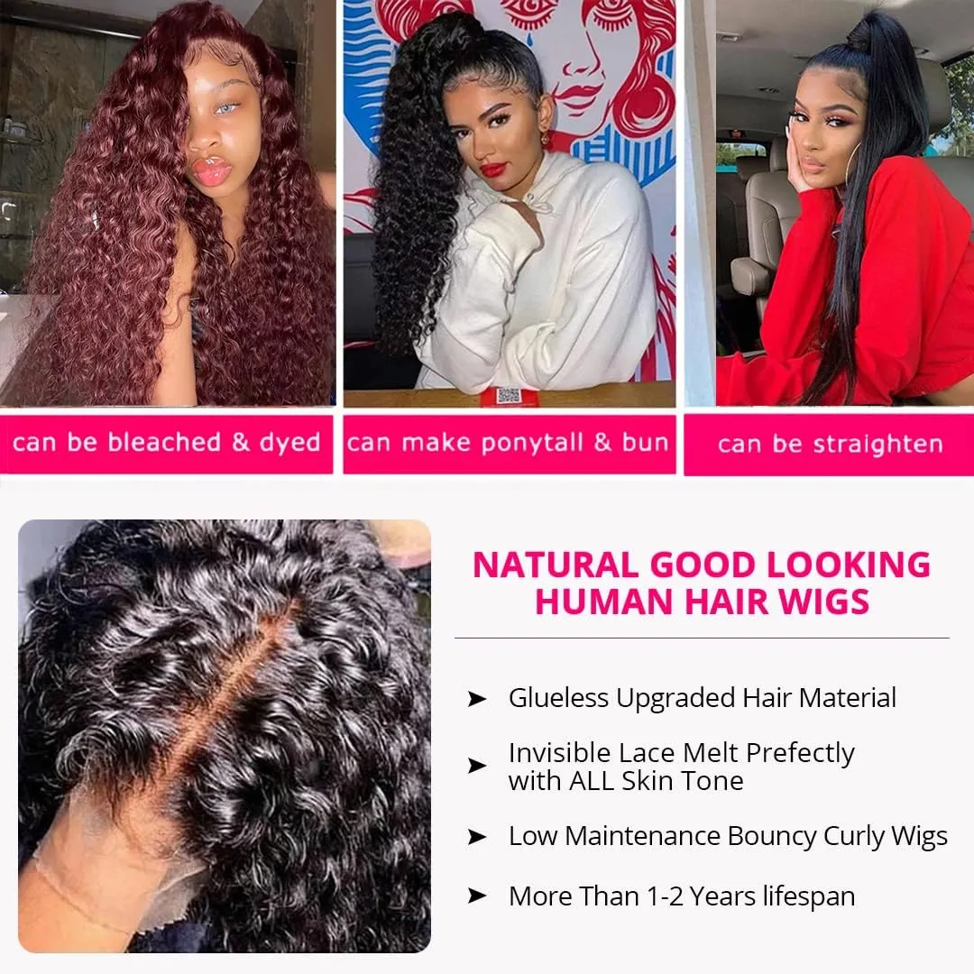 QinMei 13x6 Deep Wave Lace Front Wigs Human Hair HD Transparent Lace Front Wigs Human Hair Glueless Deep Curly Lace Frontal Wigs Human Hair Pre Plucked for Black Women 18 Inch