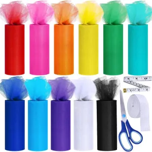 Rainbow Tulle Rolls 11 Colors - 6" by 25 Yards Spool With Sewing Scissor, Measuring Tape, Knit Elastic for Table Skirt, Party Tulle Skirt