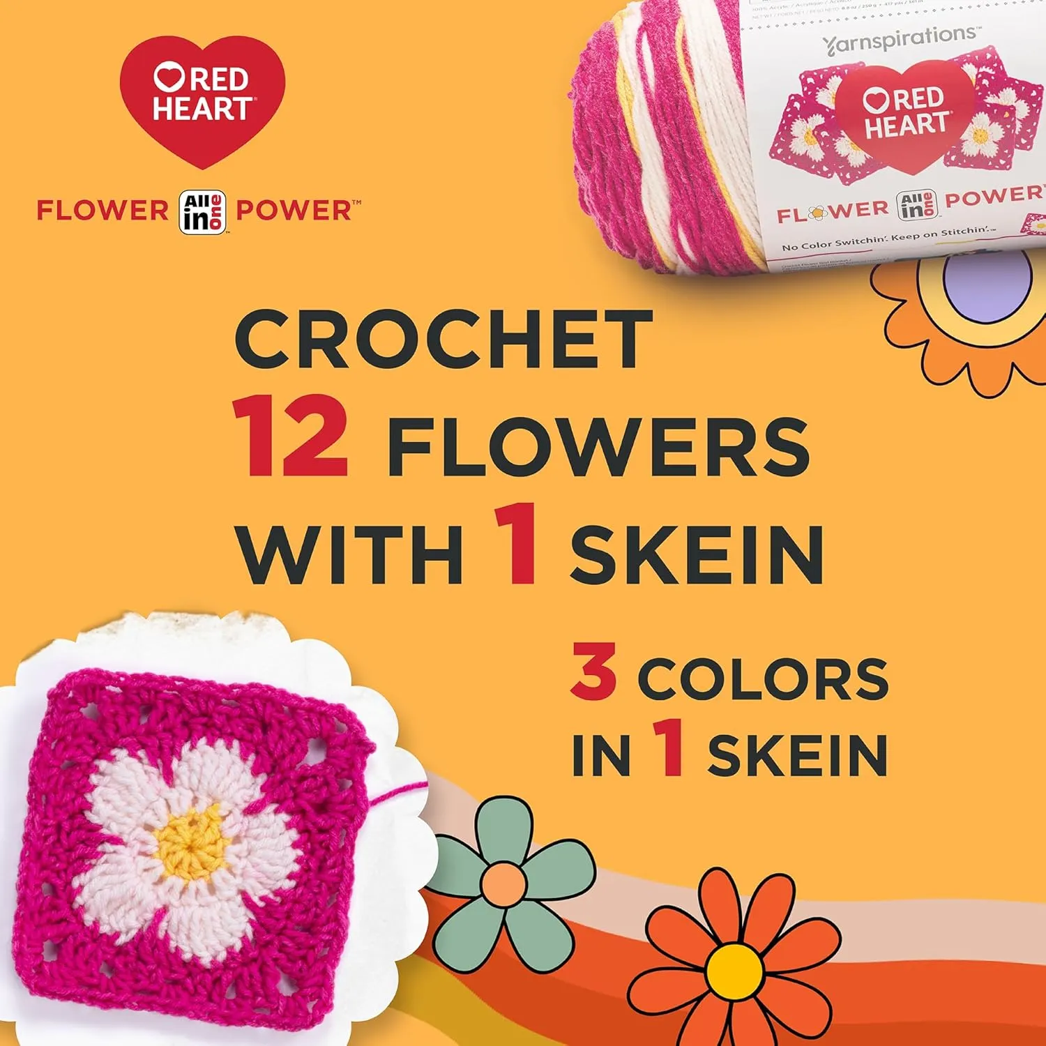 Red Heart All in ONE Flower Power Cherry Blossom Yarn - 3 Pack of 8.8oz/250g - 100% Acrylic - #4 Worsted (Medium) - 440 Yards - Knitting/Crochet
