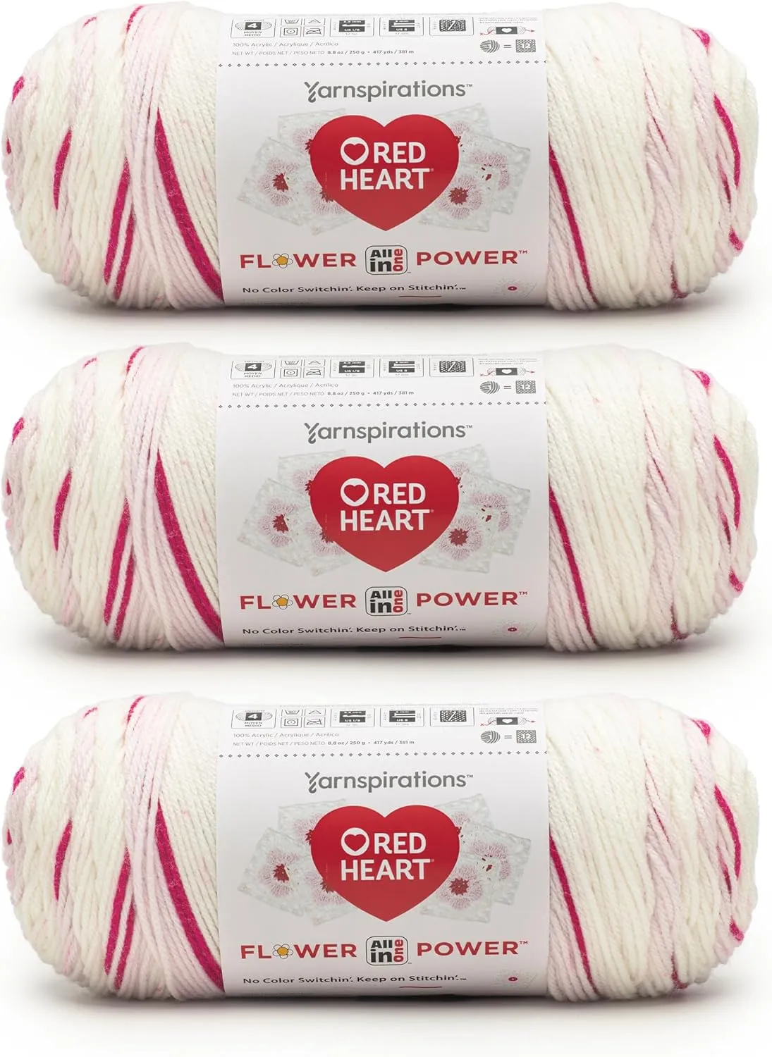 Red Heart All in ONE Flower Power Cherry Blossom Yarn - 3 Pack of 8.8oz/250g - 100% Acrylic - #4 Worsted (Medium) - 440 Yards - Knitting/Crochet