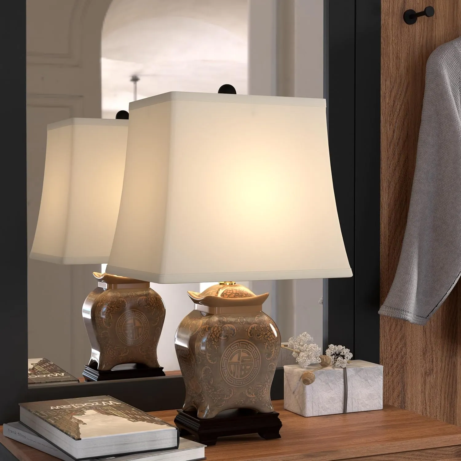 Red Lantern 19" Black & Brown Medallions Porcelain Lamp
