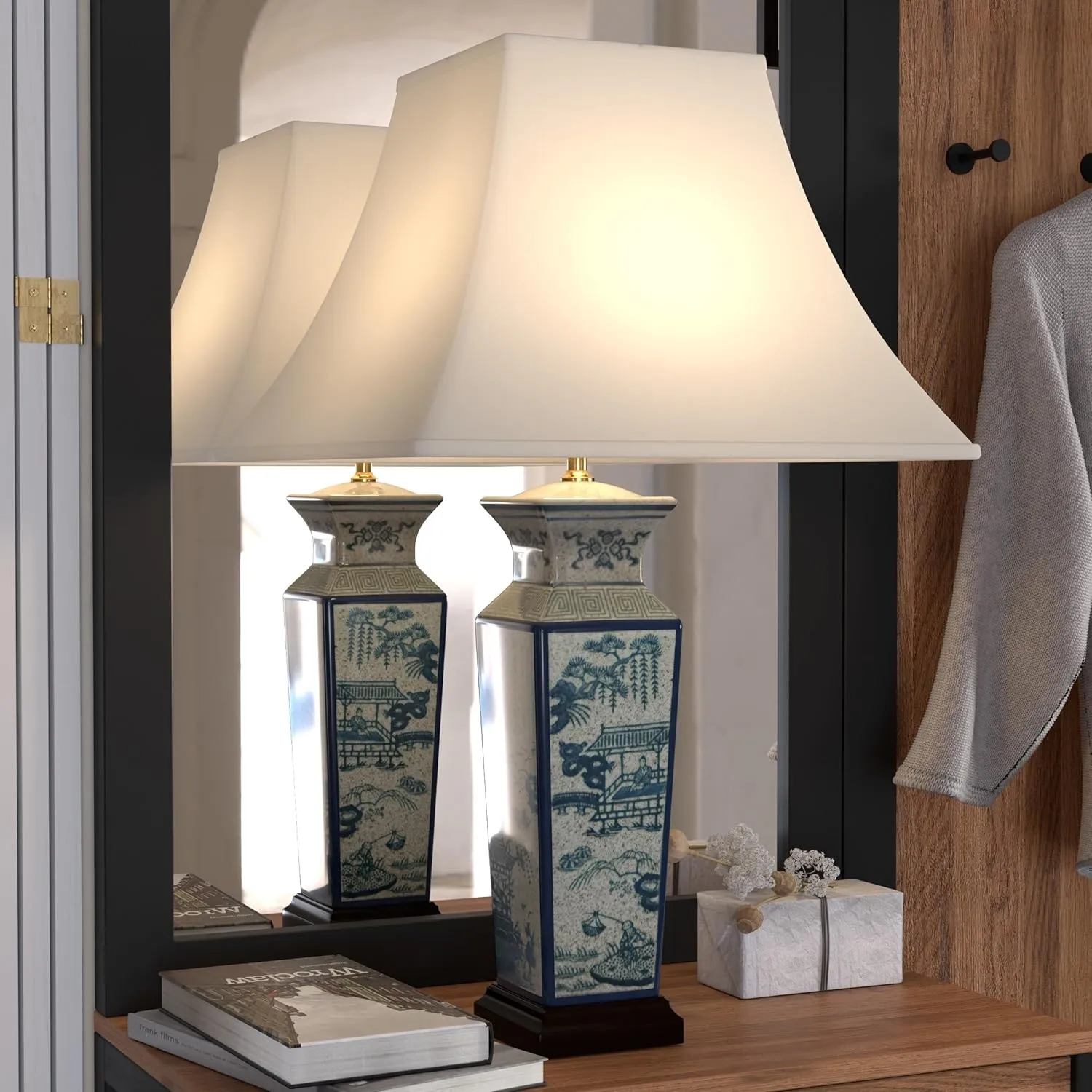 Red Lantern 26" Blue Landscape Porcelain Lamp