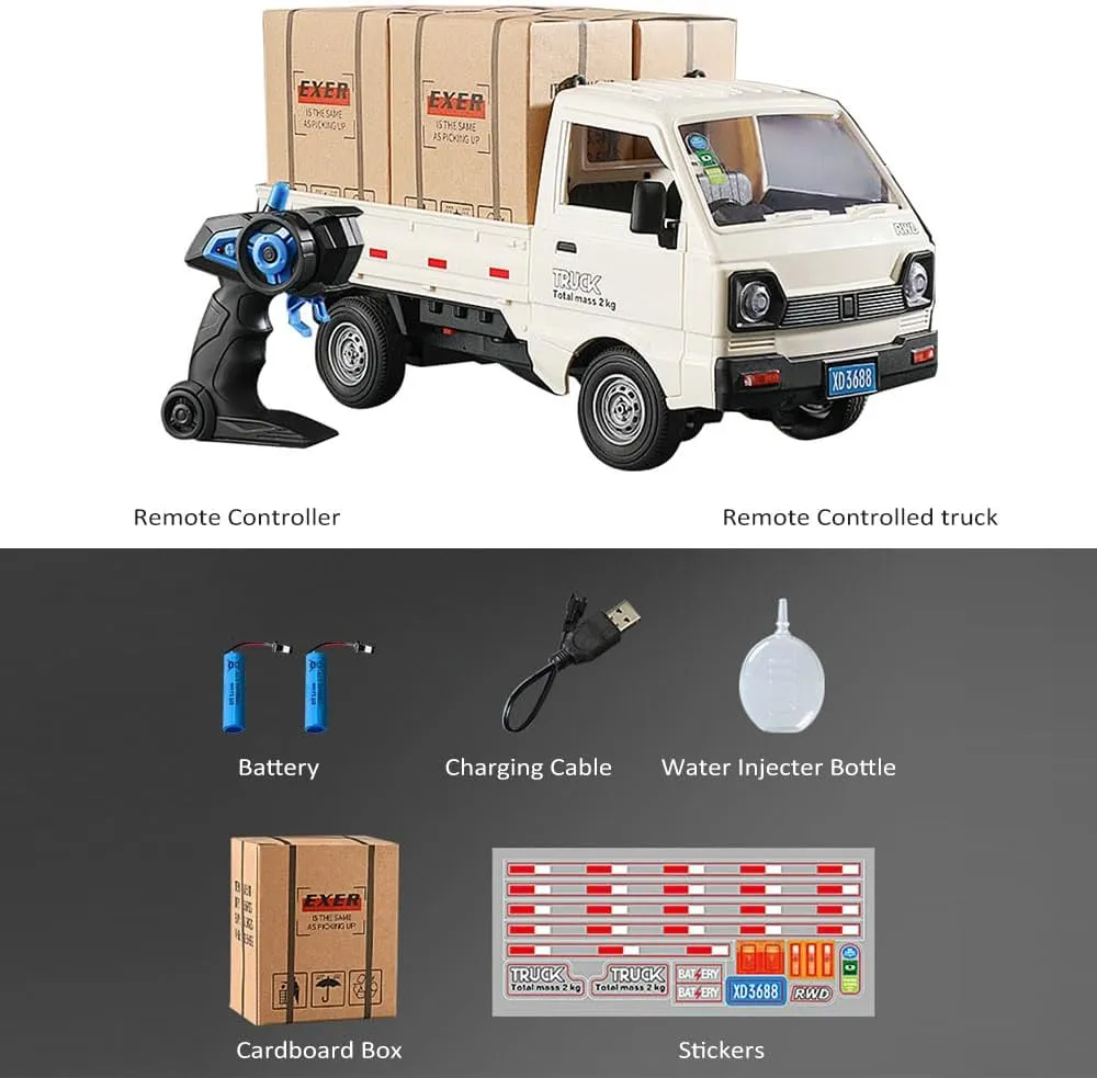 Remote Control Car RC Kei Truck,1:16 Scale RC Transporter Pickup Truck, 2.4GHz All Terrain RC Transport Cars with Spray & Light, 2 Batteries, Best Gifts Ideas for Kids Age 6 Year Old (White)