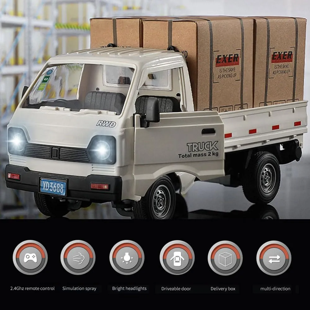 Remote Control Car RC Kei Truck,1:16 Scale RC Transporter Pickup Truck, 2.4GHz All Terrain RC Transport Cars with Spray & Light, 2 Batteries, Best Gifts Ideas for Kids Age 6 Year Old (White)