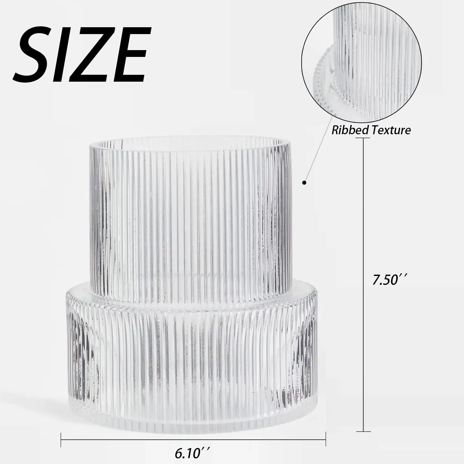Ribbed Glass Vase, Flower Vase, Fluted Clear Vases for Flowers, Modern Vases for Living Room, Dining Table, Entryway, Shelf, Wedding, Office, Coffee Table, Birthday, 7.5 Inches