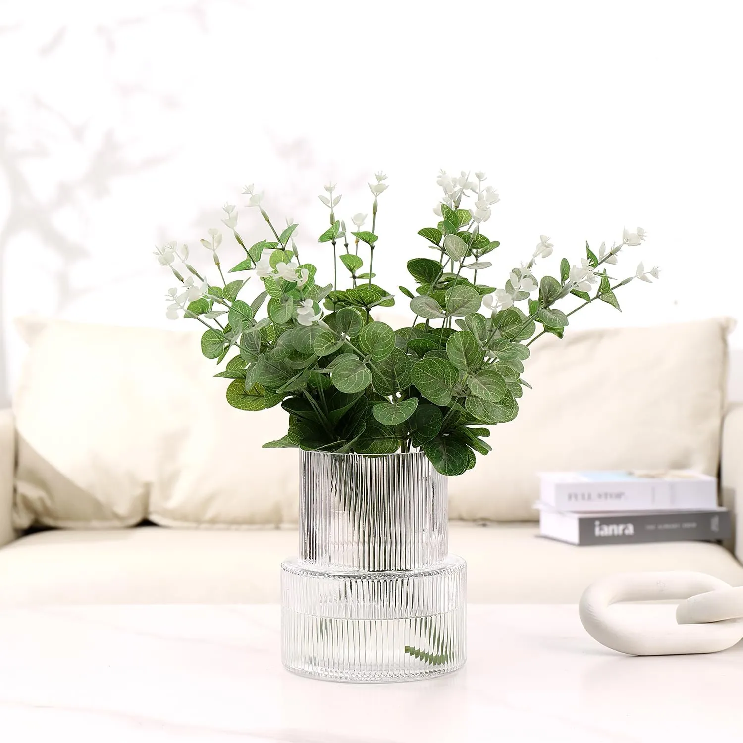 Ribbed Glass Vase, Flower Vase, Fluted Clear Vases for Flowers, Modern Vases for Living Room, Dining Table, Entryway, Shelf, Wedding, Office, Coffee Table, Birthday, 7.5 Inches