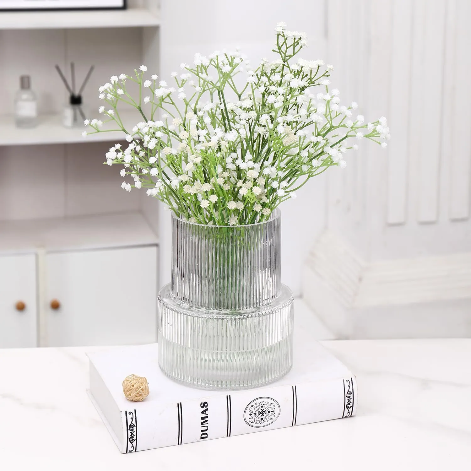 Ribbed Glass Vase, Flower Vase, Fluted Clear Vases for Flowers, Modern Vases for Living Room, Dining Table, Entryway, Shelf, Wedding, Office, Coffee Table, Birthday, 7.5 Inches