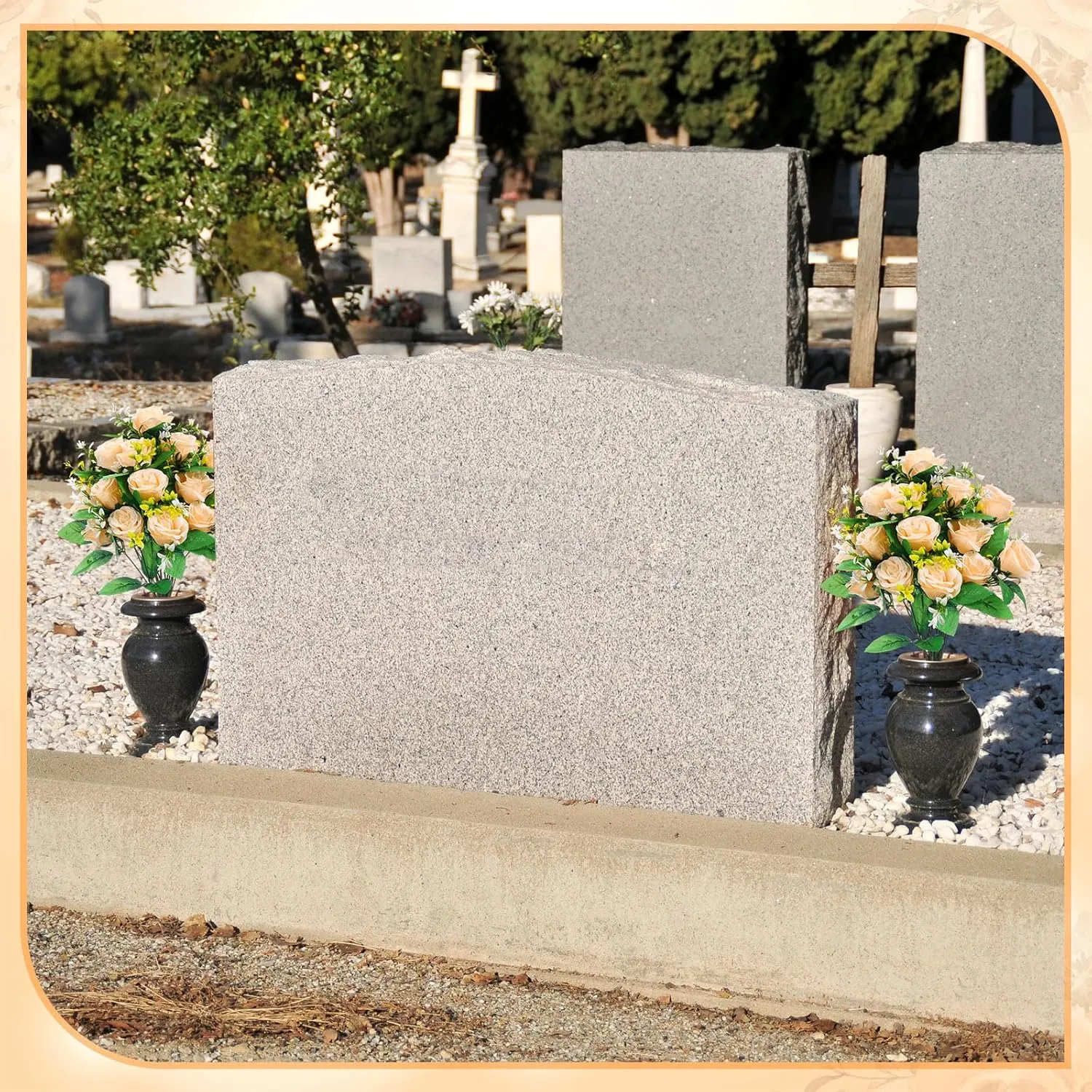 Riceshoot 2 Bouquets Artificial Cemetery Flowers for Grave Memorial Day 18 Heads Rose Silk Flower Faux Roses Arrangement for Headstone Tombstone Decoration Graves Summer 17.72 Inch(Champagne Gold)