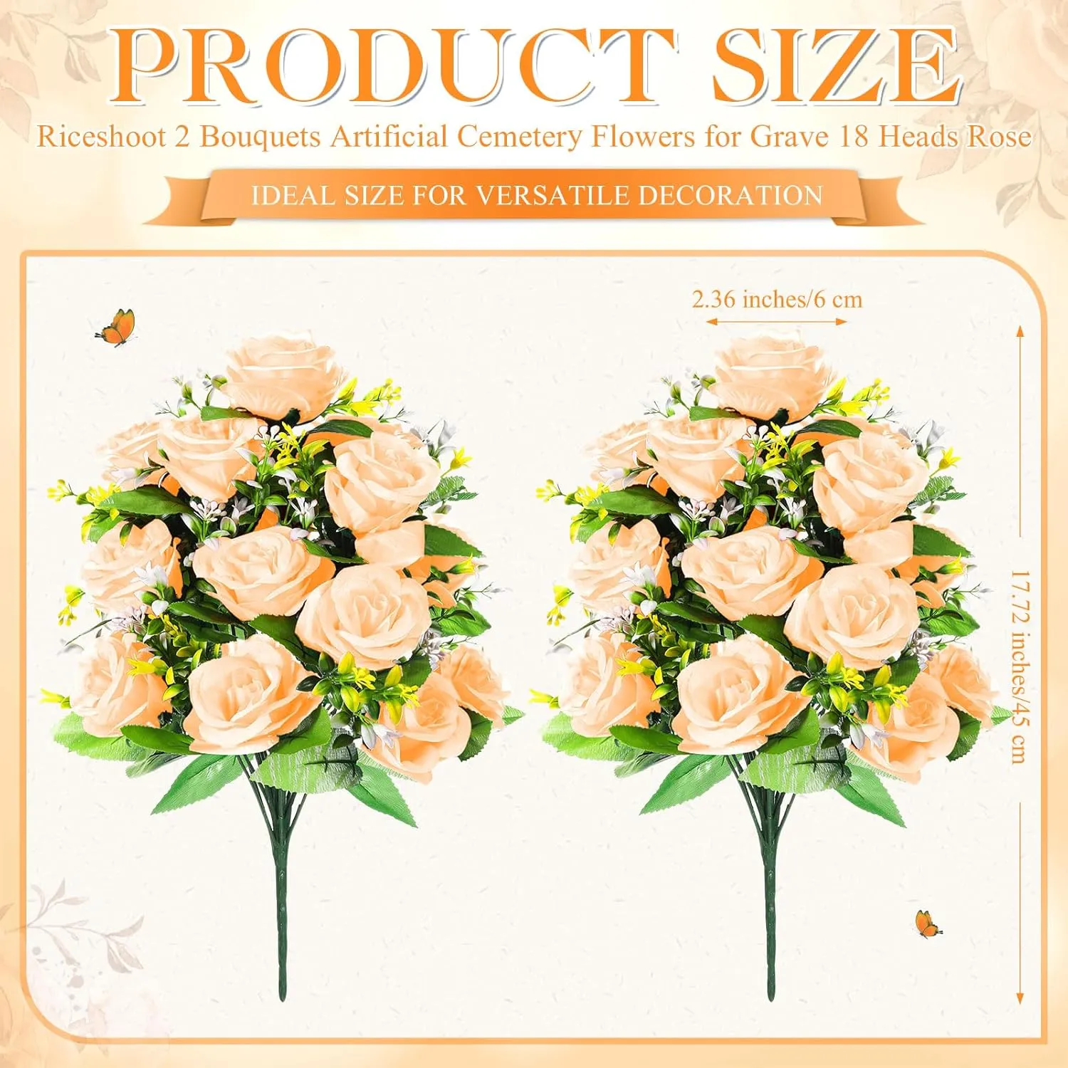 Riceshoot 2 Bouquets Artificial Cemetery Flowers for Grave Memorial Day 18 Heads Rose Silk Flower Faux Roses Arrangement for Headstone Tombstone Decoration Graves Summer 17.72 Inch(Champagne Gold)