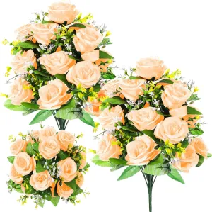 Riceshoot 2 Bouquets Artificial Cemetery Flowers for Grave Memorial Day 18 Heads Rose Silk Flower Faux Roses Arrangement for Headstone Tombstone Decoration Graves Summer 17.72 Inch(Champagne Gold)