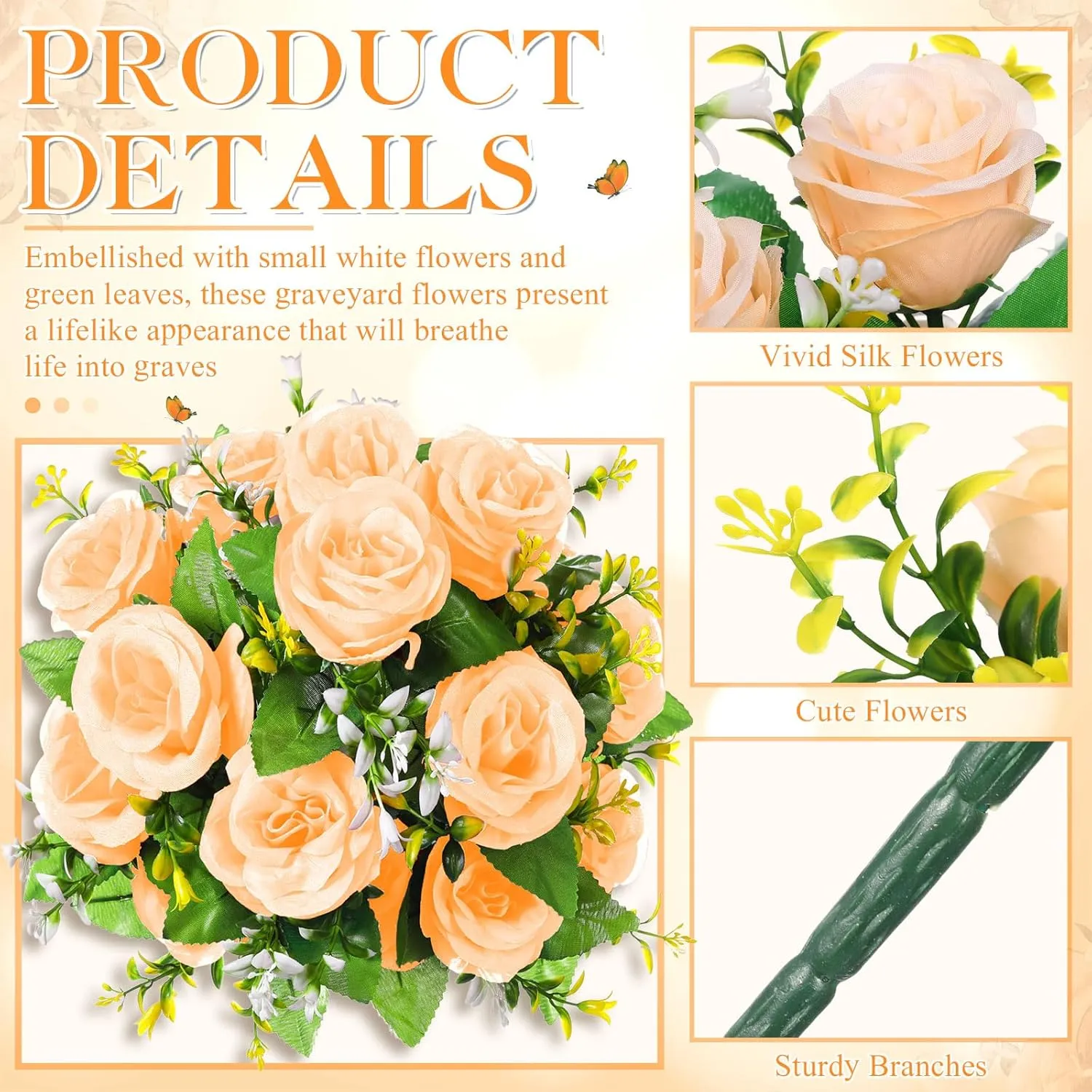 Riceshoot 2 Bouquets Artificial Cemetery Flowers for Grave Memorial Day 18 Heads Rose Silk Flower Faux Roses Arrangement for Headstone Tombstone Decoration Graves Summer 17.72 Inch(Champagne Gold)