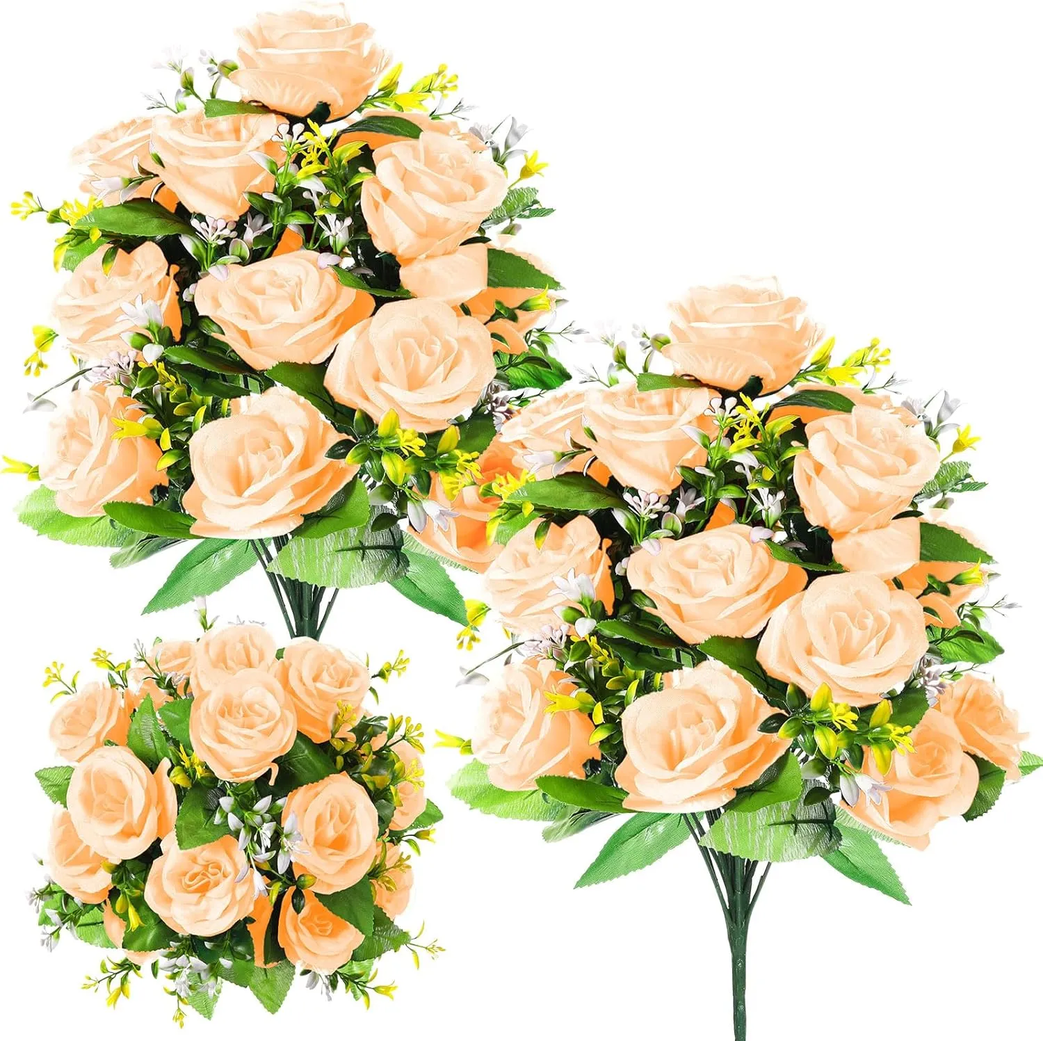 Riceshoot 2 Bouquets Artificial Cemetery Flowers for Grave Memorial Day 18 Heads Rose Silk Flower Faux Roses Arrangement for Headstone Tombstone Decoration Graves Summer 17.72 Inch(Champagne Gold)