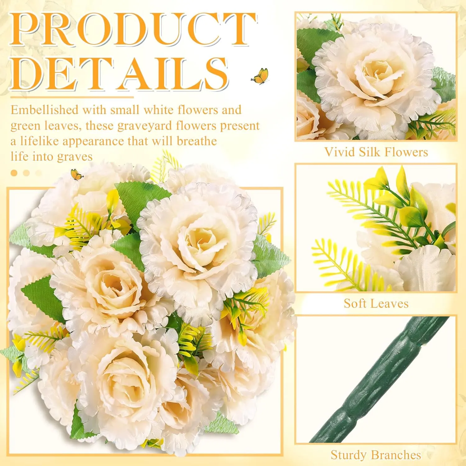Riceshoot 2 Bouquets Cemetery Flowers for Grave Memorial Day 12 Heads Artificial Peony Flowers Grave Faux Silk Arrangement for Headstone Tombstone Decorations Summer,16.54 Inch(Champagne)