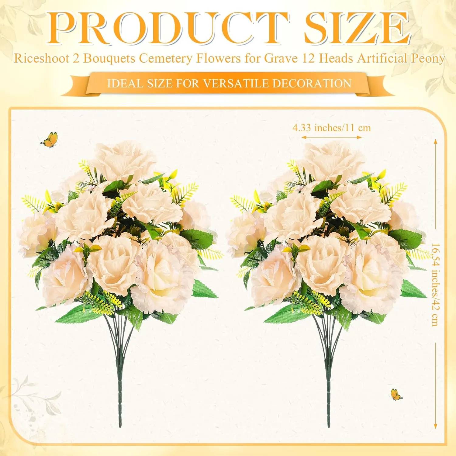 Riceshoot 2 Bouquets Cemetery Flowers for Grave Memorial Day 12 Heads Artificial Peony Flowers Grave Faux Silk Arrangement for Headstone Tombstone Decorations Summer,16.54 Inch(Champagne)